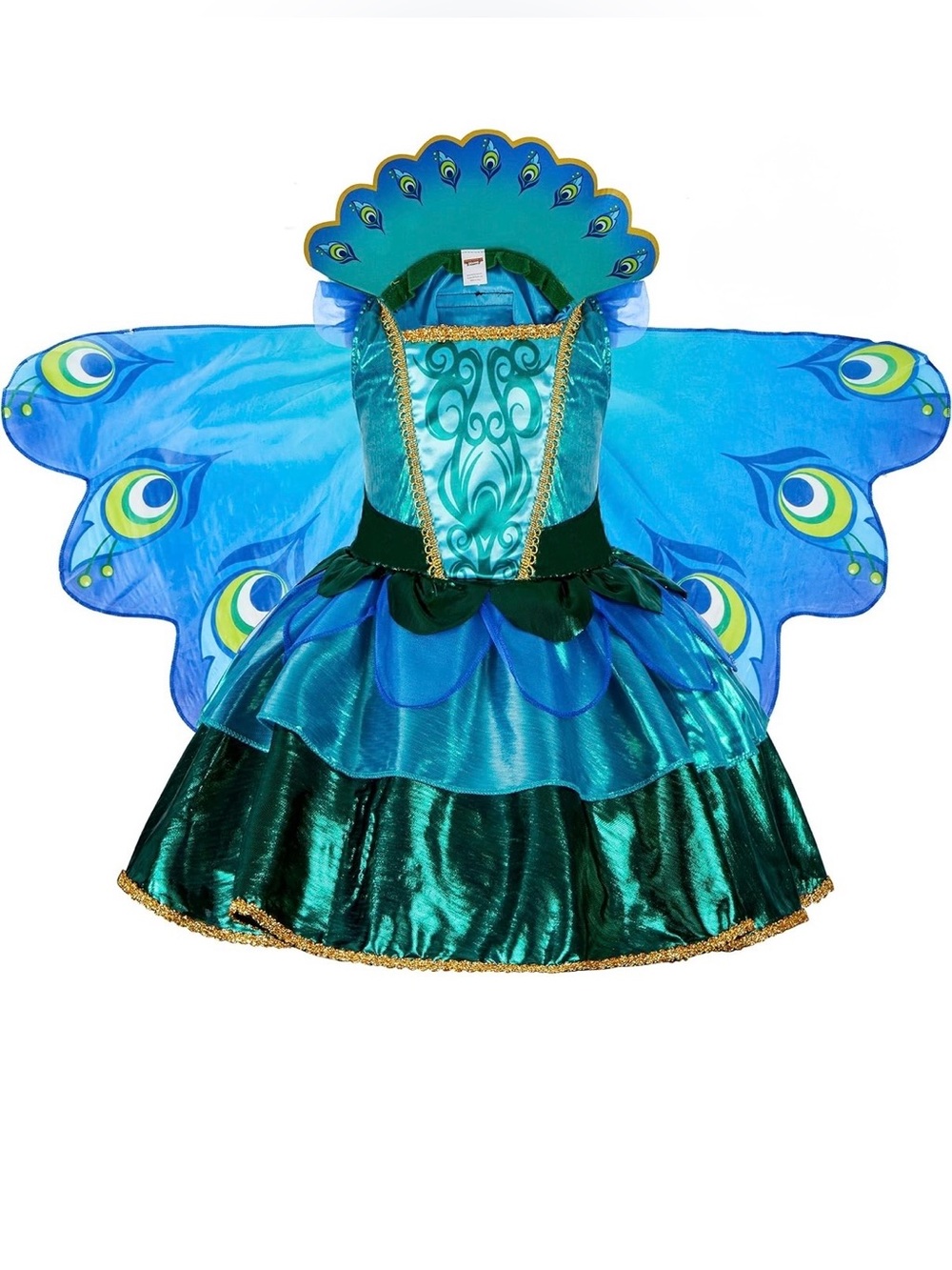 Girls Peacock Costume Dress with Winged Back in Teal and Blue